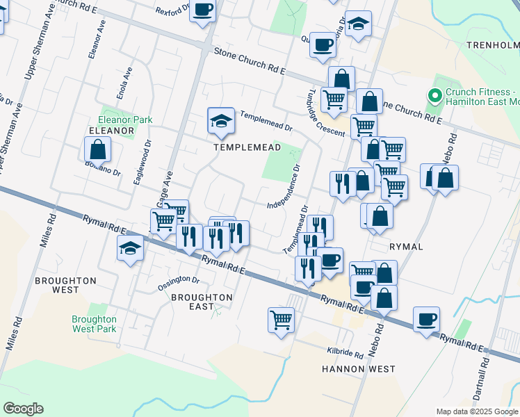 map of restaurants, bars, coffee shops, grocery stores, and more near 131 Independence Drive in Hamilton