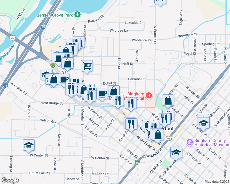 map of restaurants, bars, coffee shops, grocery stores, and more near 15 Louella Street in Blackfoot