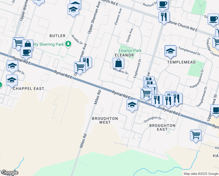 map of restaurants, bars, coffee shops, grocery stores, and more near 773 Rymal Road East in Hamilton