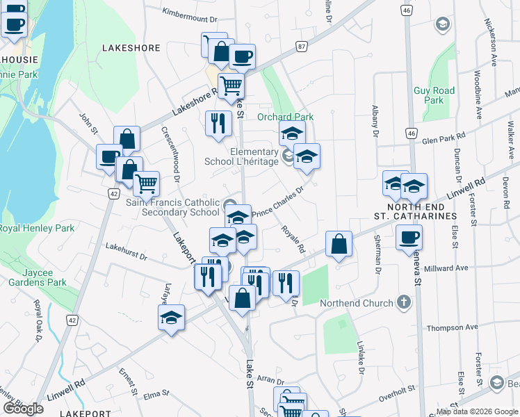 map of restaurants, bars, coffee shops, grocery stores, and more near 7 Prince Charles Drive in St. Catharines