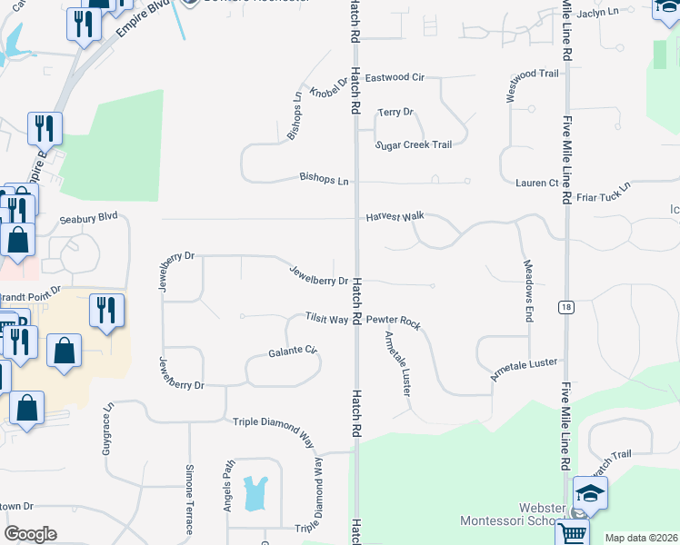 map of restaurants, bars, coffee shops, grocery stores, and more near 3 Jewelberry Dr in Webster