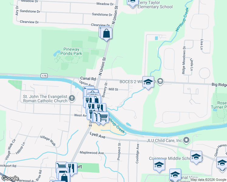 map of restaurants, bars, coffee shops, grocery stores, and more near 45 Mill Street in Spencerport