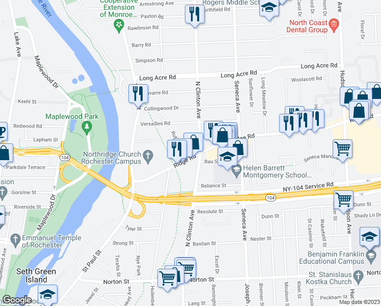 map of restaurants, bars, coffee shops, grocery stores, and more near 202 East Ridge Road in Rochester