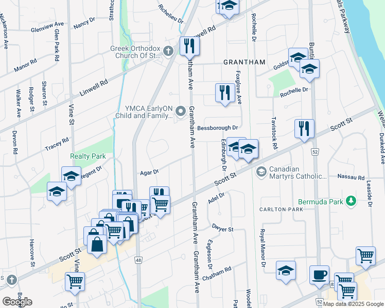 map of restaurants, bars, coffee shops, grocery stores, and more near 2 Agar Drive in St. Catharines