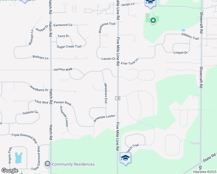 map of restaurants, bars, coffee shops, grocery stores, and more near 20 Meadows End in Webster
