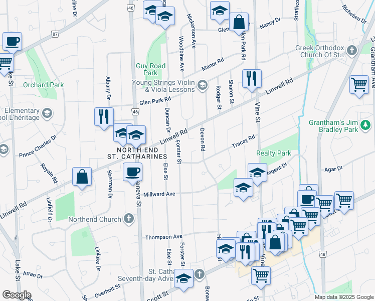 map of restaurants, bars, coffee shops, grocery stores, and more near 64 Forster Street in St. Catharines