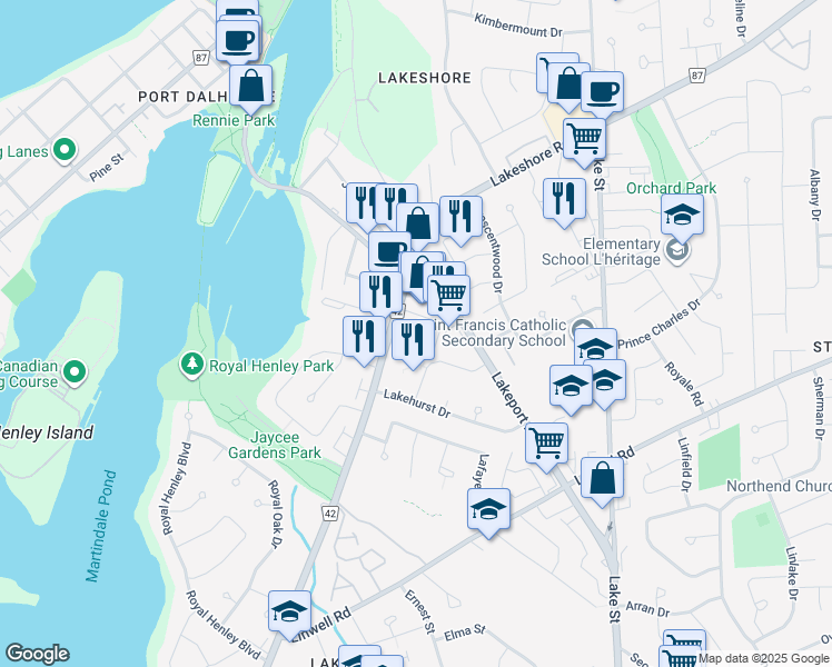 map of restaurants, bars, coffee shops, grocery stores, and more near 582 Ontario Street in Saint Catharines