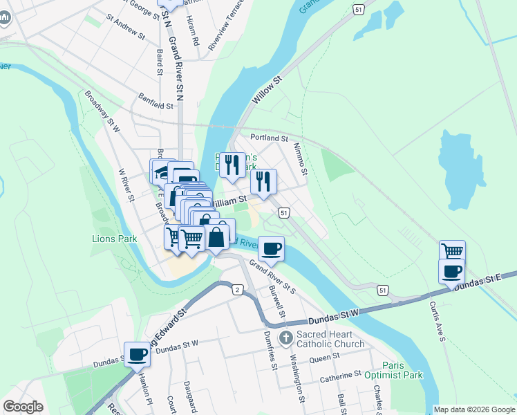 map of restaurants, bars, coffee shops, grocery stores, and more near 7 Elm Street in Brant