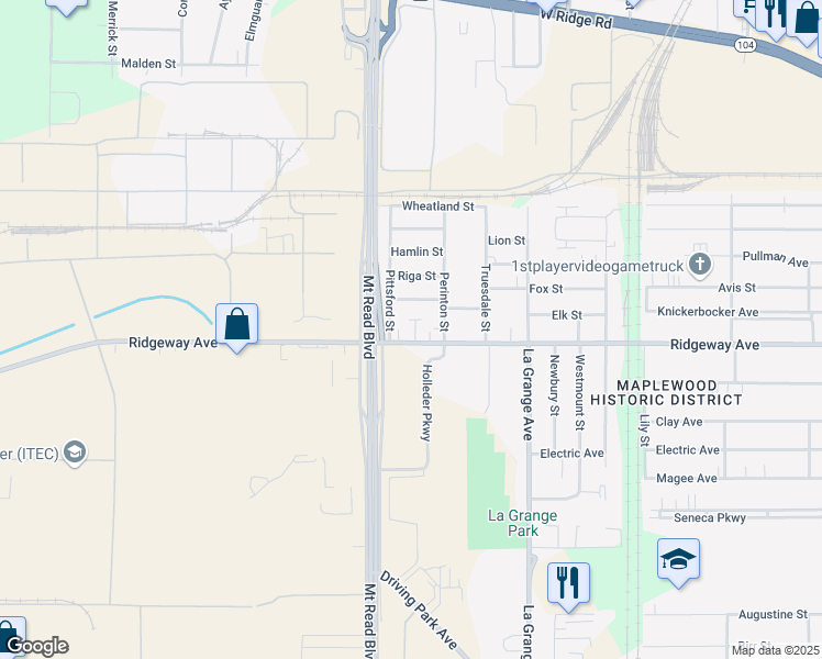 map of restaurants, bars, coffee shops, grocery stores, and more near 1020 Ridgeway Avenue in Rochester