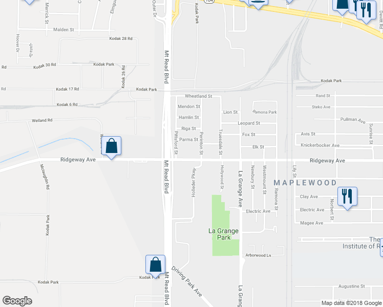 map of restaurants, bars, coffee shops, grocery stores, and more near 1000 Ridgeway Avenue in Rochester