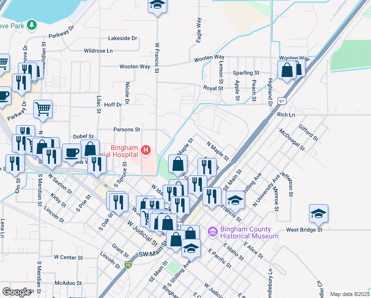 map of restaurants, bars, coffee shops, grocery stores, and more near 201-265 West Washington Street in Blackfoot