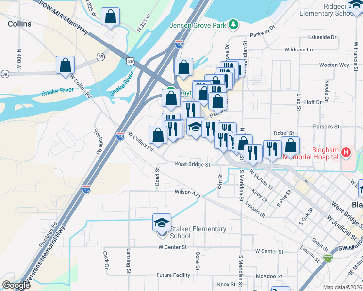 map of restaurants, bars, coffee shops, grocery stores, and more near in Blackfoot