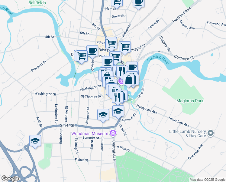 map of restaurants, bars, coffee shops, grocery stores, and more near 282 Central Avenue in Dover
