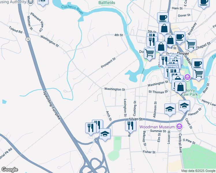 map of restaurants, bars, coffee shops, grocery stores, and more near 49 Arch Street in Dover