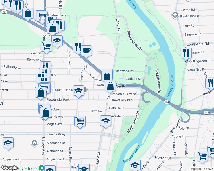 map of restaurants, bars, coffee shops, grocery stores, and more near 1495 Lake Avenue in Rochester