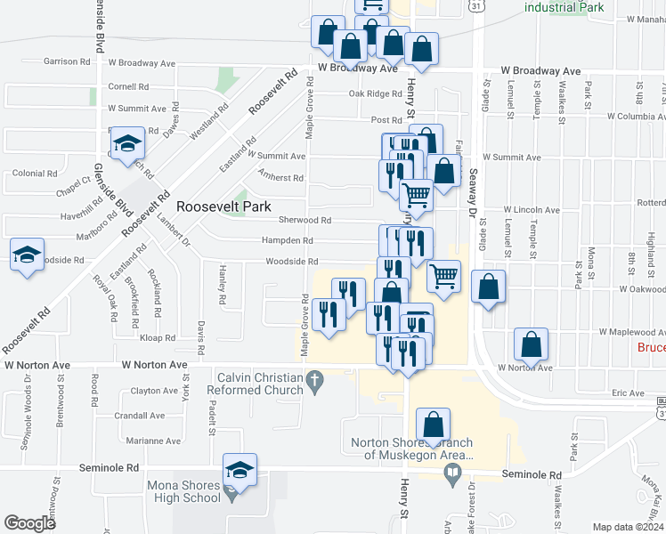 map of restaurants, bars, coffee shops, grocery stores, and more near 926 Woodside Road in Muskegon