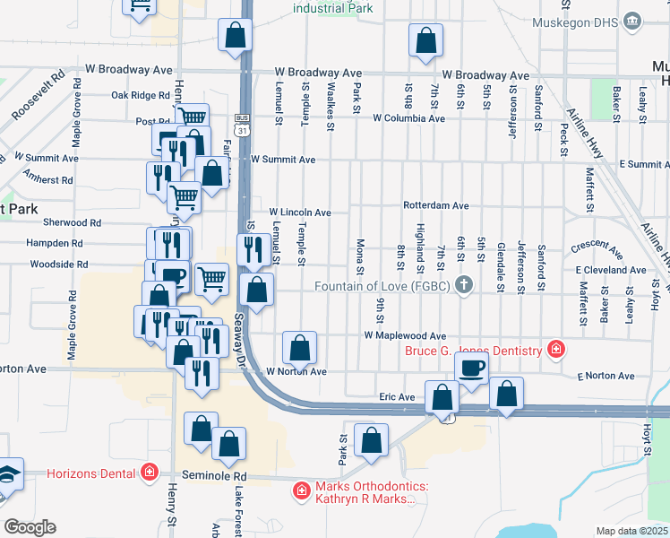 map of restaurants, bars, coffee shops, grocery stores, and more near 3228 Waalkes Street in Muskegon Heights