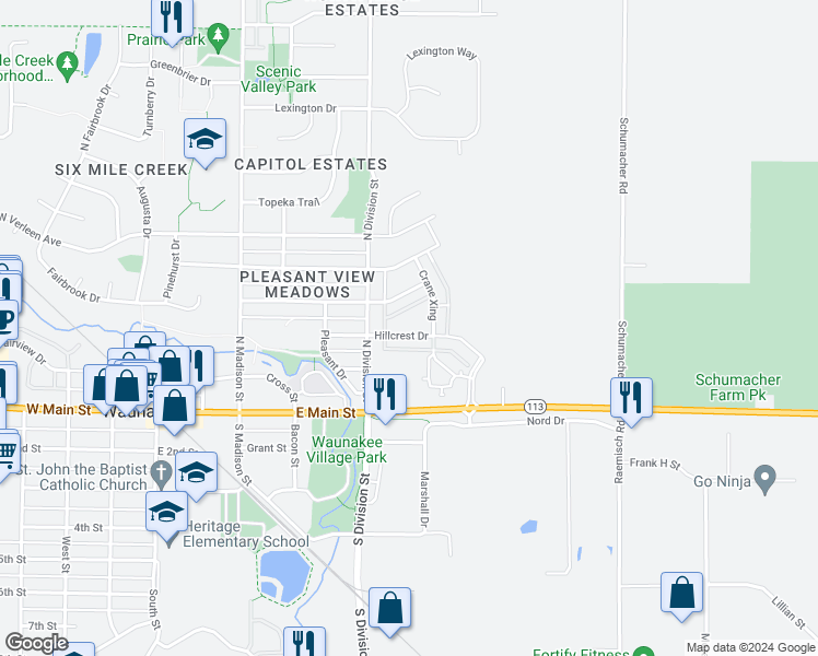 map of restaurants, bars, coffee shops, grocery stores, and more near 517 Hillcrest Drive in Waunakee