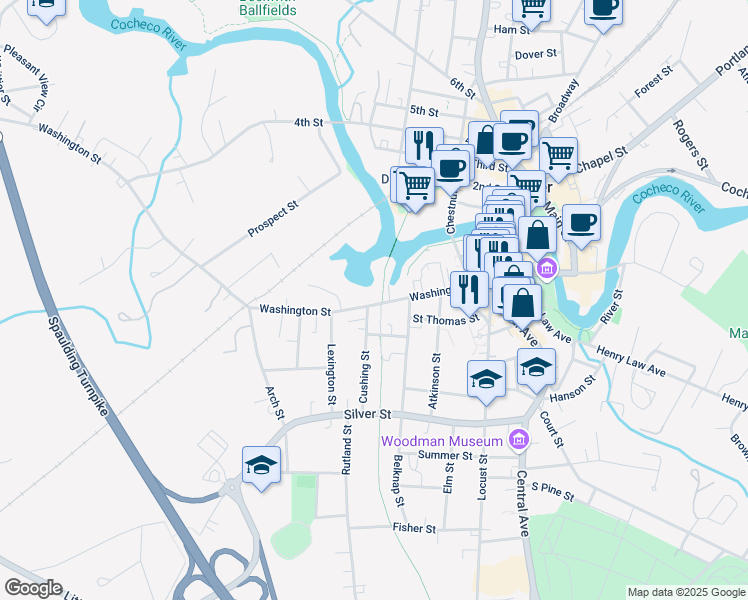 map of restaurants, bars, coffee shops, grocery stores, and more near 213 Washington Street in Dover