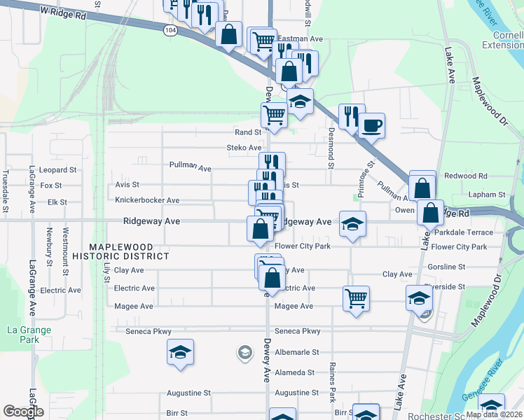 map of restaurants, bars, coffee shops, grocery stores, and more near 1499 Dewey Avenue in Rochester