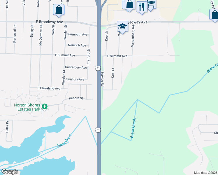 map of restaurants, bars, coffee shops, grocery stores, and more near 1680 Oakdale Street in Muskegon