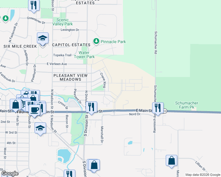 map of restaurants, bars, coffee shops, grocery stores, and more near 5802 East Main Street in Waunakee