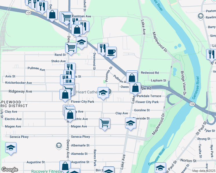 map of restaurants, bars, coffee shops, grocery stores, and more near 78 Primrose Street in Rochester