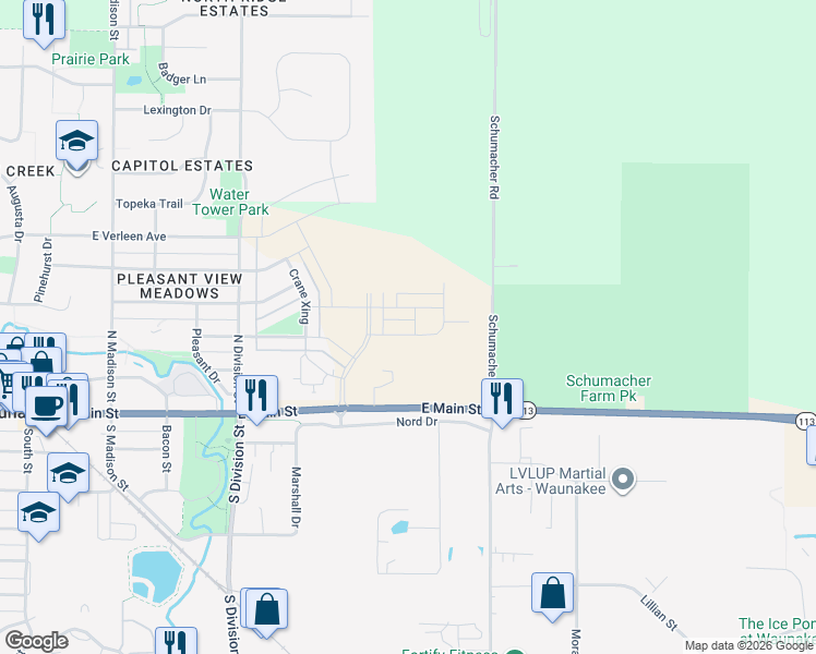 map of restaurants, bars, coffee shops, grocery stores, and more near 5802 Wisconsin 19 in Waunakee