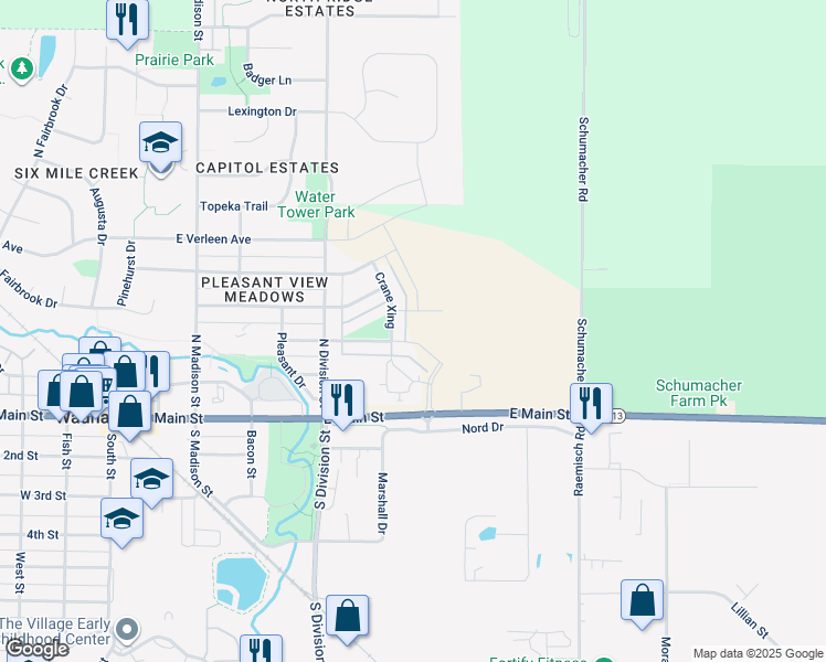 map of restaurants, bars, coffee shops, grocery stores, and more near 662 Hillcrest Drive in Waunakee