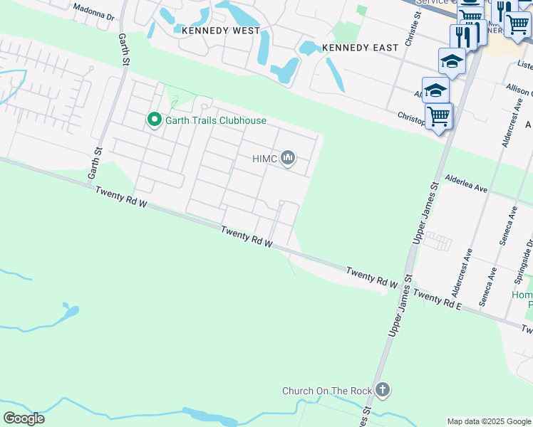 map of restaurants, bars, coffee shops, grocery stores, and more near 28 Postoaks Drive in Hamilton