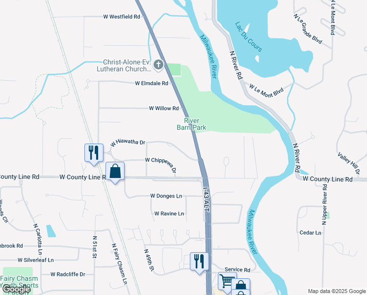 map of restaurants, bars, coffee shops, grocery stores, and more near 9705 North Cedarburg Road in Mequon