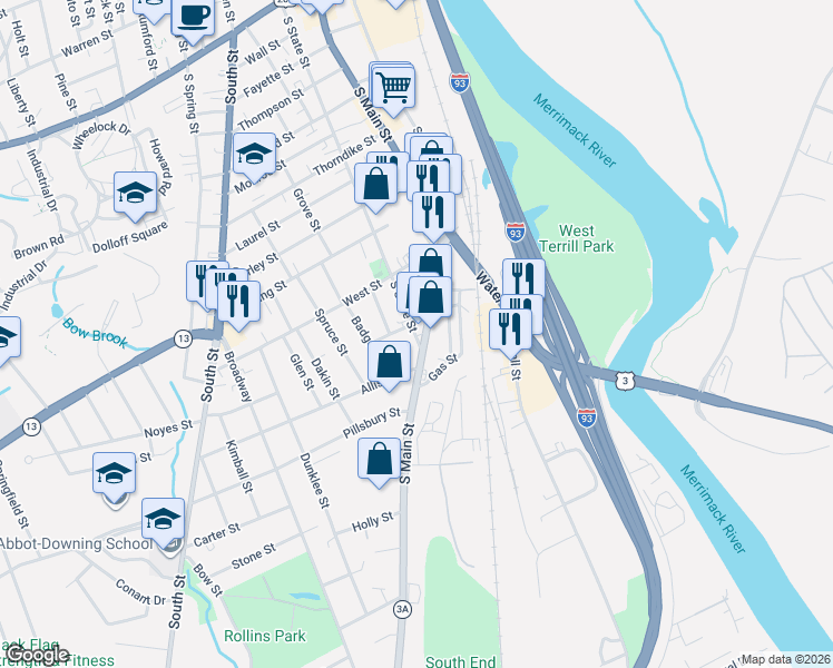 map of restaurants, bars, coffee shops, grocery stores, and more near 114 South State Street in Concord