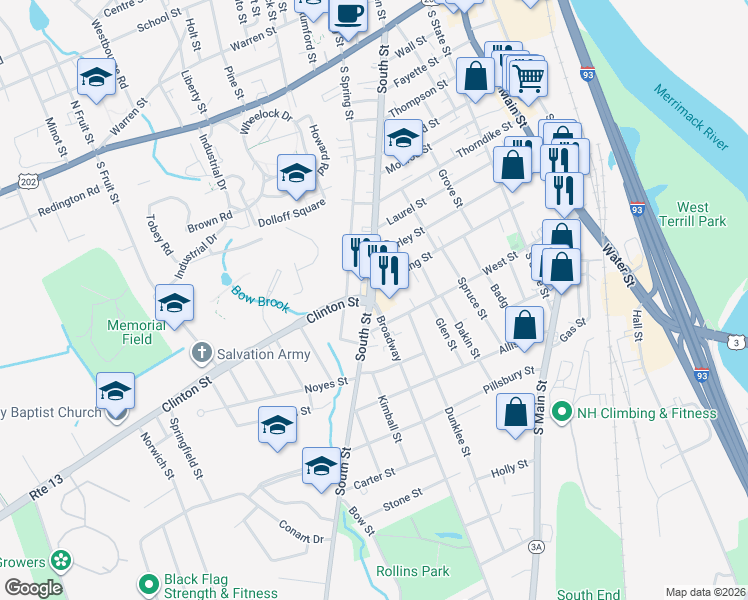 map of restaurants, bars, coffee shops, grocery stores, and more near 81 South Street in Concord
