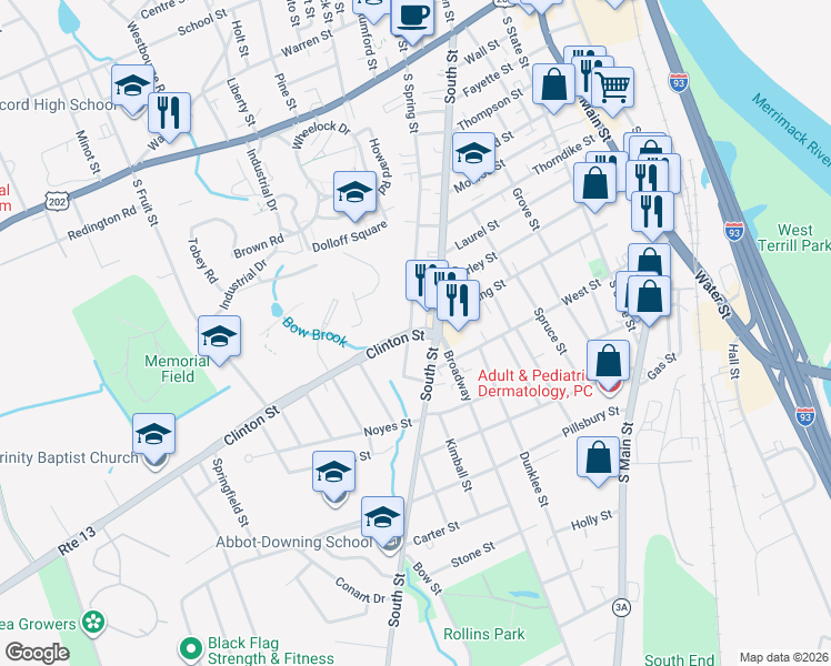 map of restaurants, bars, coffee shops, grocery stores, and more near 13 Clinton Street in Concord