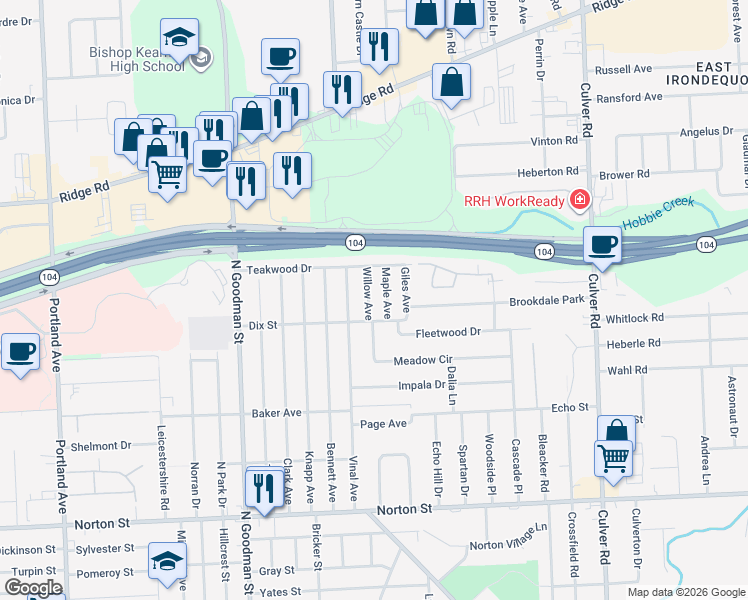 map of restaurants, bars, coffee shops, grocery stores, and more near 106 Willow Avenue in Rochester