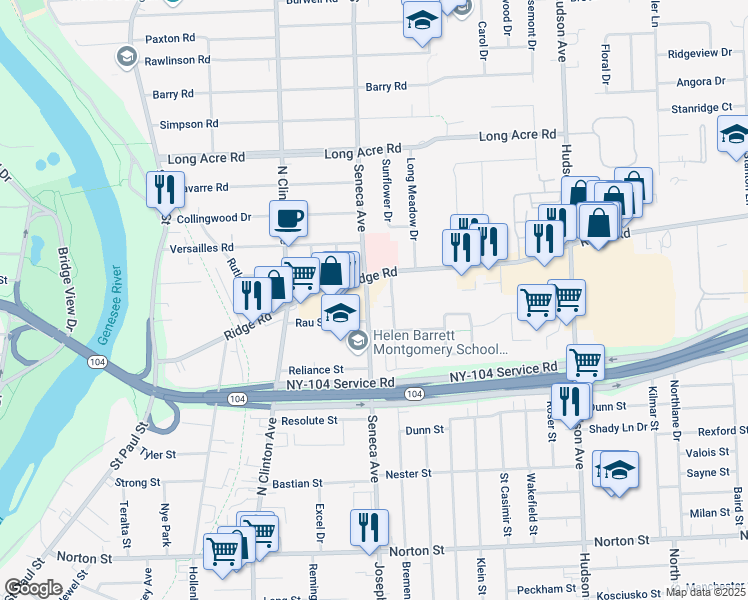 map of restaurants, bars, coffee shops, grocery stores, and more near 356 Seneca Avenue in Rochester