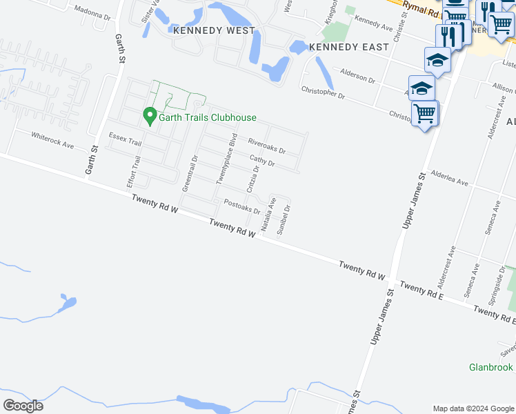 map of restaurants, bars, coffee shops, grocery stores, and more near 28 Postoaks Drive in Hamilton