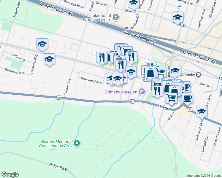 map of restaurants, bars, coffee shops, grocery stores, and more near 5 Boulton Avenue in Grimsby