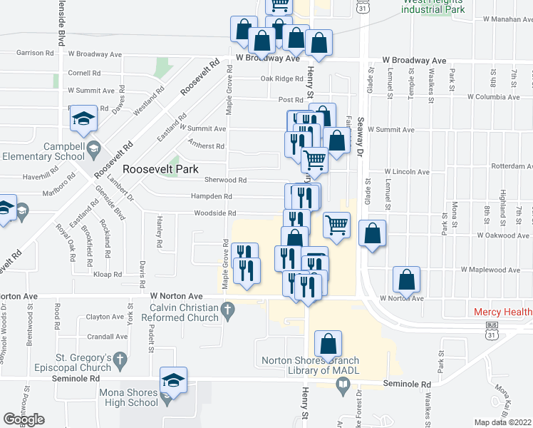 map of restaurants, bars, coffee shops, grocery stores, and more near 903 Woodside Road in Muskegon