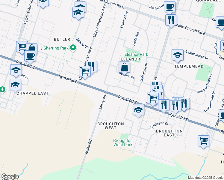 map of restaurants, bars, coffee shops, grocery stores, and more near 765 Rymal Road East in Hamilton