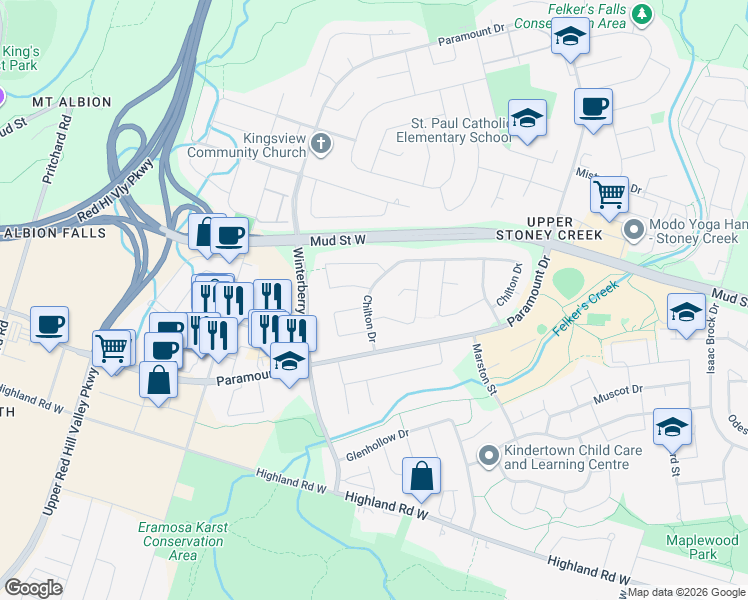 map of restaurants, bars, coffee shops, grocery stores, and more near 24 Chilton Drive in Hamilton