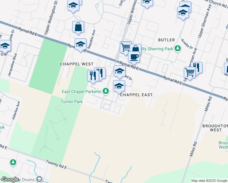map of restaurants, bars, coffee shops, grocery stores, and more near 1809 Upper Wentworth Street in Hamilton