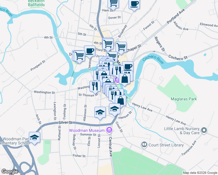 map of restaurants, bars, coffee shops, grocery stores, and more near 300 Central Avenue in Dover