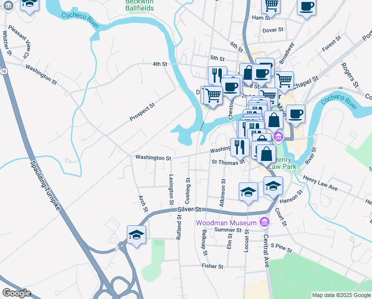 map of restaurants, bars, coffee shops, grocery stores, and more near 219 Washington Street in Dover