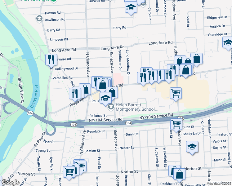 map of restaurants, bars, coffee shops, grocery stores, and more near 356 Seneca Avenue in Rochester