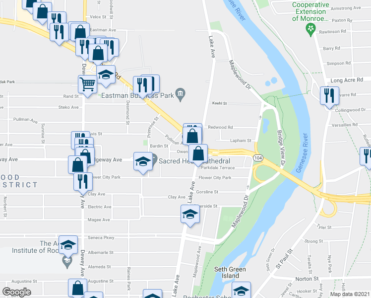 map of restaurants, bars, coffee shops, grocery stores, and more near 1495 Lake Avenue in Rochester