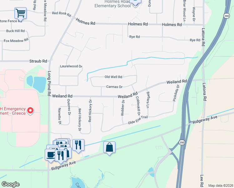 map of restaurants, bars, coffee shops, grocery stores, and more near 10 Webwood Circle in Rochester