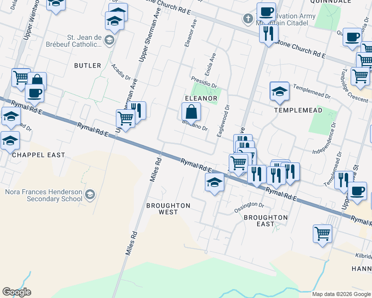 map of restaurants, bars, coffee shops, grocery stores, and more near 805 Rymal Road East in Hamilton