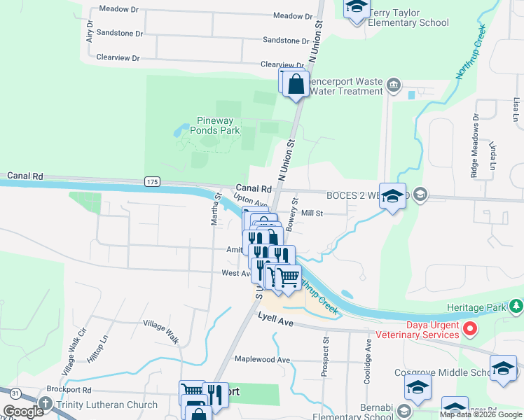 map of restaurants, bars, coffee shops, grocery stores, and more near Erie Canal Heritage Trail in Spencerport