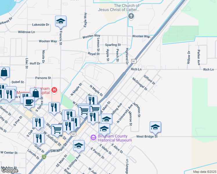 map of restaurants, bars, coffee shops, grocery stores, and more near 97 Park Street in Blackfoot
